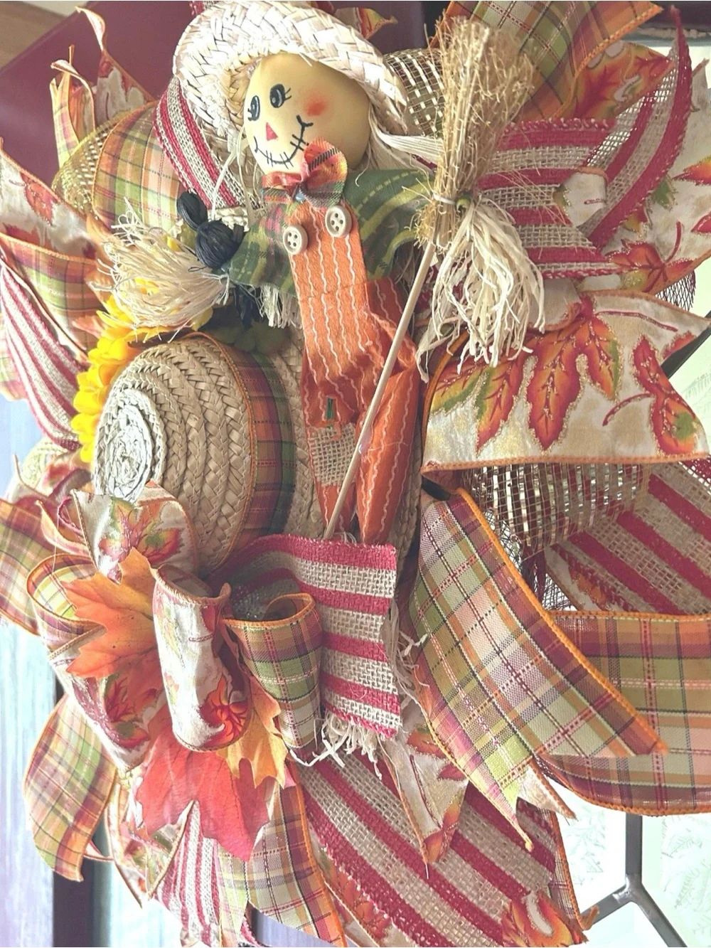 Handmade Fall Scarecrow Deco Mesh Wreath Autumn Harvest Front Door Decor 22